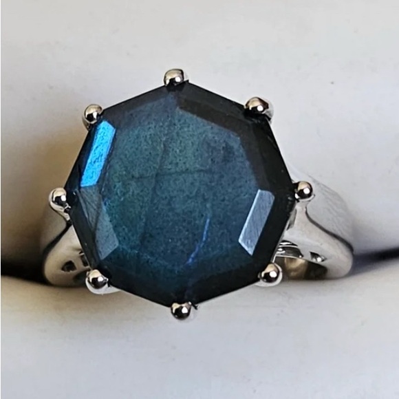 14mm Blue Malagasy Labradorite  Platinum Over Sterling Silver (Size 8.0) - Picture 1 of 10
